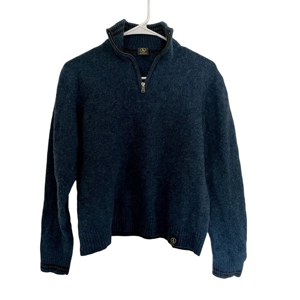 Aigle teal blue green lambs' wool half zip pullover sweater casual warm winter